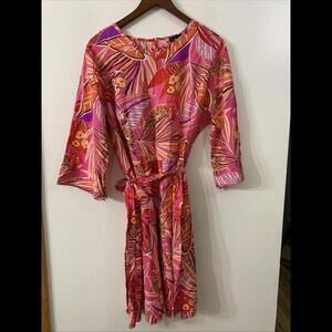 Vintage Womens Sz L  Geometric Print Midi Dress Artsy Art to Wear Pink Belted​​